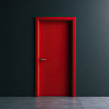 A bold, striking red door stands out against a dark, minimalist wall