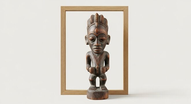 Wooden Tribal Figurine Framed: A carved wooden tribal effigy stands centered within a simple wooden frame, showcasing intricate details and cultural artistry.
