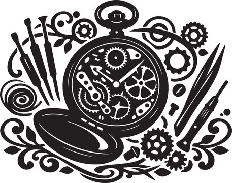 Vintage Steampunk Clock with Gears, Tools and Decorative Elements