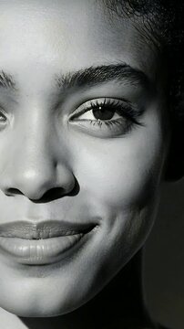 Vertical video: Framing tight B and W cam filming woman posing blinking smiling right dimple in stud