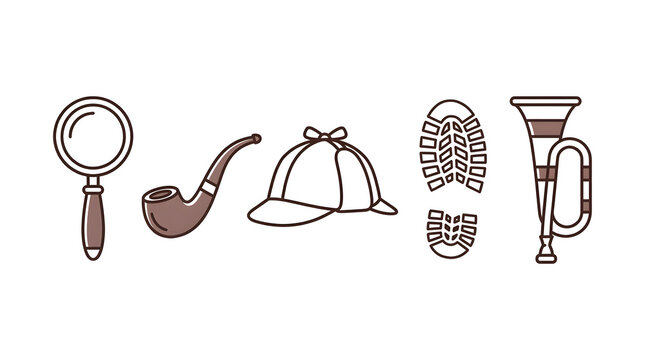 Detective Tools Icons Magnifying Glass, Pipe, Hat, Footprint, Bugle - Mystery Concept