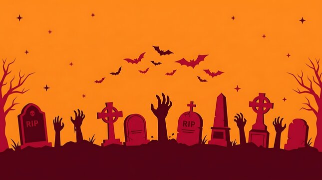 Spooky halloween cemetery featuring dark silhouettes of rising zombie hands and flying bats against orange sky