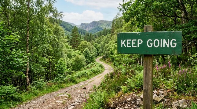 Inspirational Keep Going Sign Amidst A Lush Green Forest Path