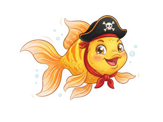 Fototapeta premium Cartoon goldfish wearing pirate hat isolated on transparent