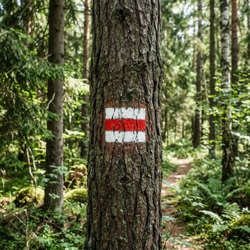 Forest Trail Marker On Pine Tree Trunk Amidst Lush Greenery