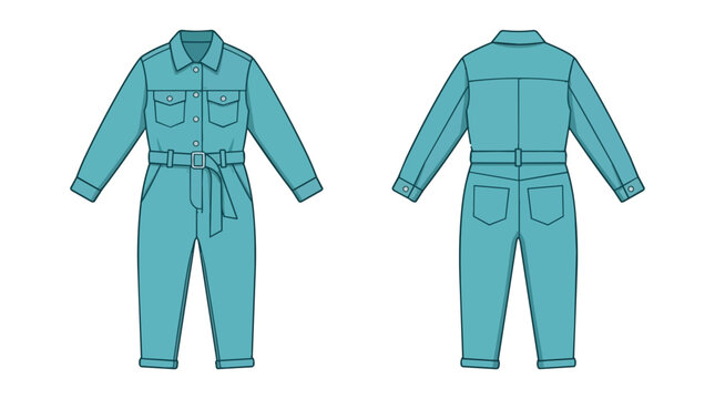 Professional Teal Boiler Suit Jumpsuit Fashion Flat Technical Drawing Template Front and Back View Mockup