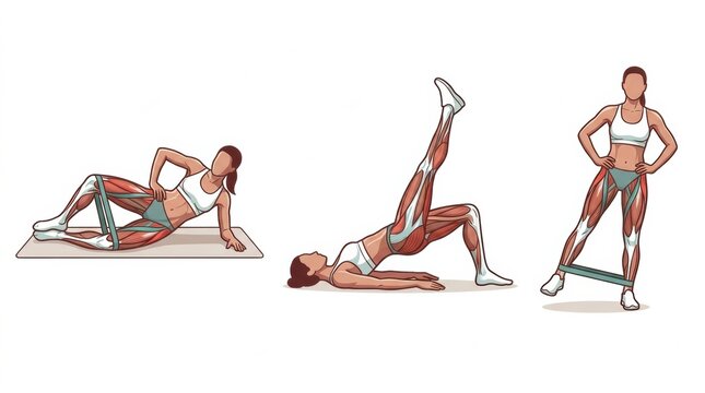 Illustration shows three hip strengthening exercises aimed at improving muscle function in rehabilitation settings.