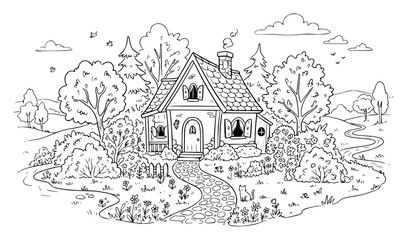 Fototapeta premium Simple outline drawing of a charming cartoon house nestled set with simple line art design featuring outline, illustration, graphic elements with clean design and vector art