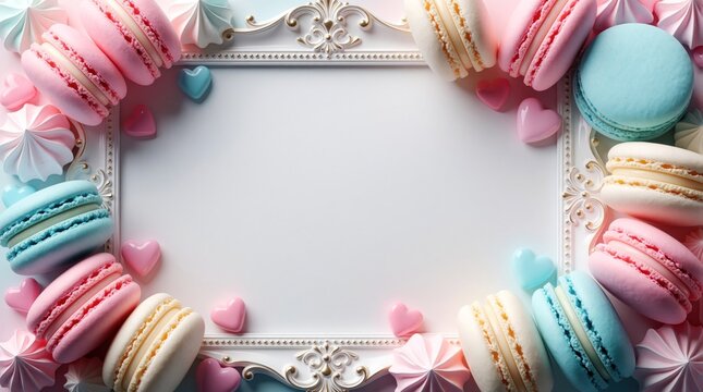 Colorful macarons, meringue sweets form romantic border around empty white frame. Pastel pink, blue, cream French desserts decorate elegant wedding birthday card template. Cute kawaii bakery food