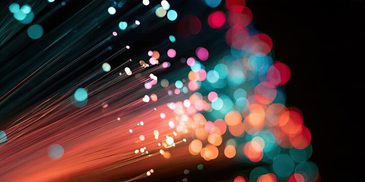 Close-up of illuminated optical fibers with bokeh, red and blue lights