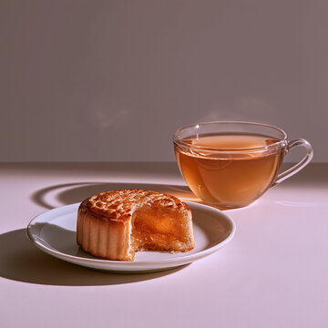 Mid-Autumn minimalist heart composition, plain background with one bitten mooncake and one cup of tea, quiet enjoyment reunion thought, modern simplified custom unchanged core oriental life poster com