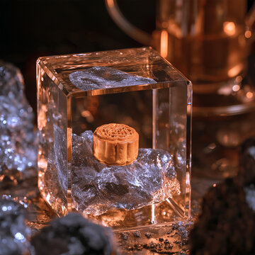 Mid-Autumn lunar soil new chapter surreal close-up, transparent crystal display case holding moon soil, delicate traditional mooncake resting on soil, myth and scientific exploration converge, materia