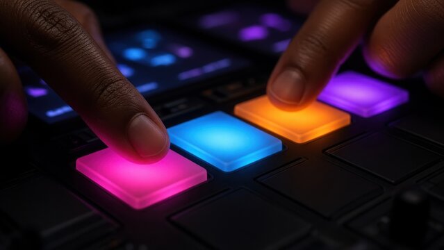 Fingers Playing Colorful Glowing Pads on Music Controller