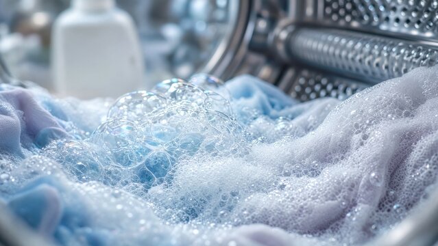 Soapy Bubbles on Wet Laundry Inside Washing Machine Drum