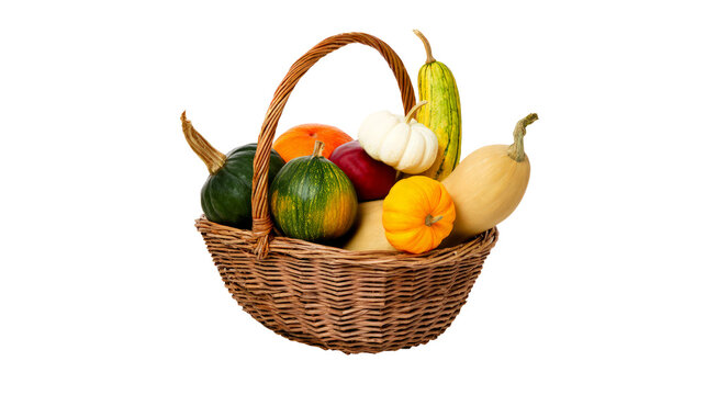 Assorted fresh autumn pumpkins and gourds in woven wicker basket isolated on transparent background png file