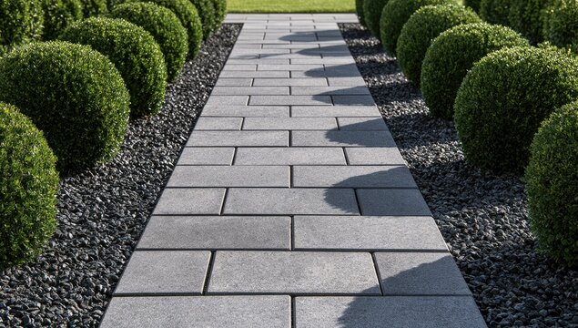 A garden path with rectangular paving stones flanked by manicured bushes