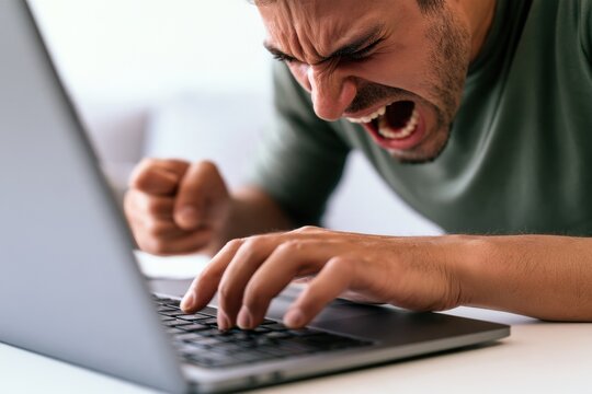 Frustrated Man Yelling at Laptop Keyboard