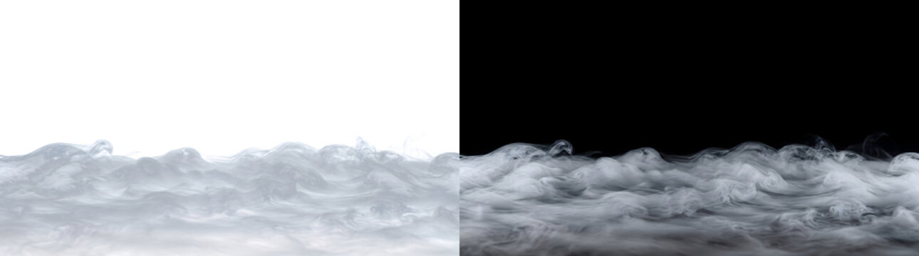 Silver smoke rolling across ground with dense swirling waves for cinematic use in PNG, Transparent and Black Background Versions
