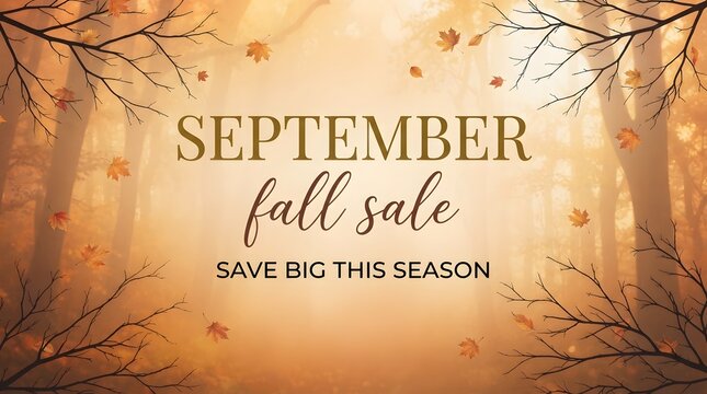 September fall sale banner with golden autumn forest background and falling leaves