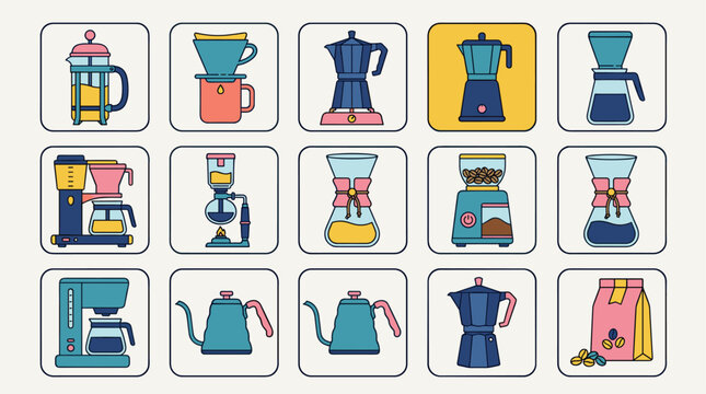 Flat design icon set featuring various coffee brewing devices and coffee beans, isolated on a light background