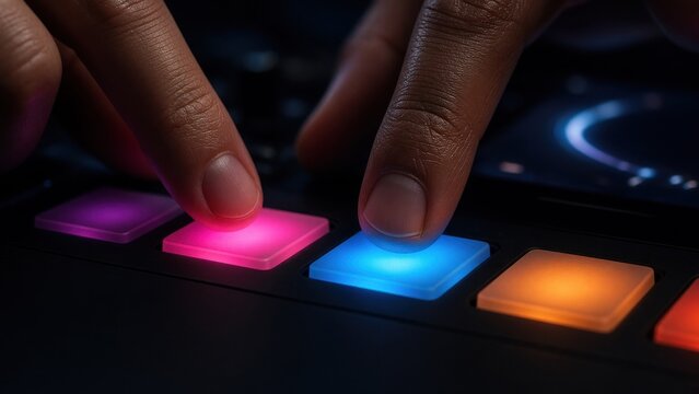 Fingers Pressing Glowing Colorful Pads on Music Controller