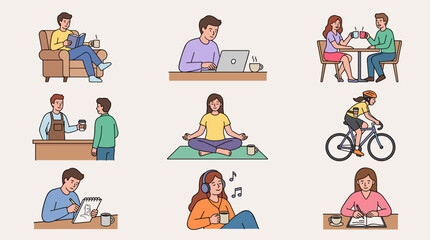 Fototapeta premium Flat design vector icon set showing people enjoying coffee and daily activities like reading, working, and cycling.