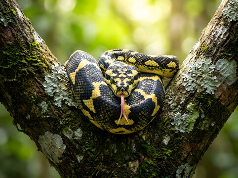 Carpet python coiled on a tree branch in the wild with tongue flicking out