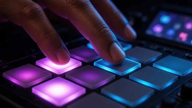 Finger Pressing Glowing Pad on MIDI Drum Machine
