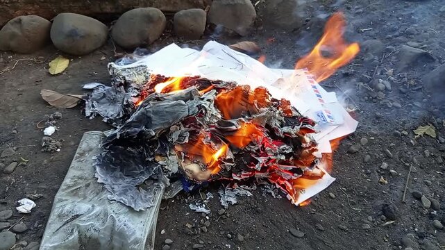 Pile of Paper Documents and Letters Burning to Ashes on Ground with Smoke and Flames