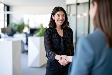 Obraz premium Smiling businesswoman shaking hands during meeting in modern office, confident female manager or executive greeting client, making agreement and successful business deal