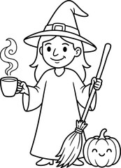 Fototapeta premium Friendly witch holding a steaming cup and broomstick, with a smiling pumpkin nearby, line art illustration
