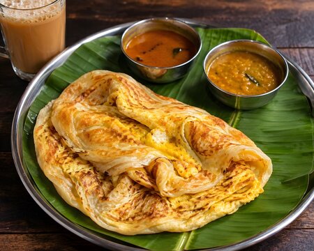 Roti Telur Flatbread Served on Banana Leaf Platter with Curry Dhal and Teh Tarik
