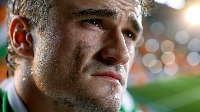 Close up portrait of a sweating athlete looking away