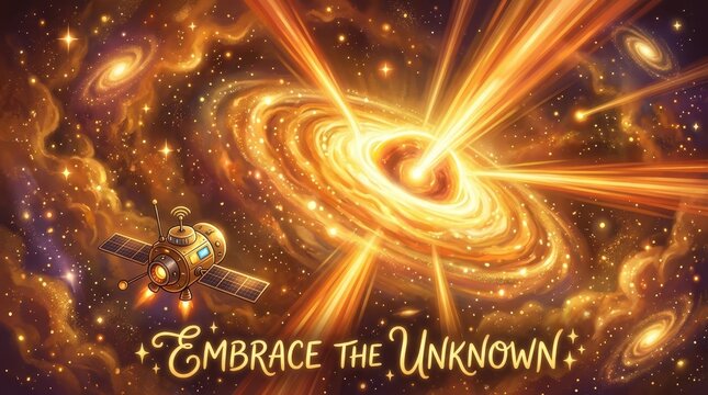 Space Satellite Exploring a Glowing Golden Black Hole in Deep Outer Space