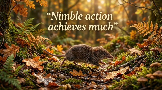Small Shrew Running Through Autumn Forest Leaves with Inspirational Quote Text Overlay
