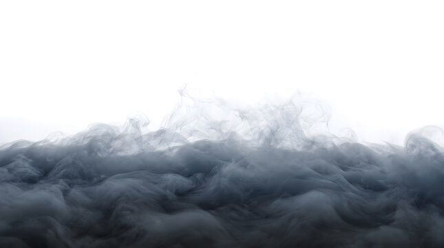 Dark blue gray smoke billows and rolls heavily across the frame forming a dense stormy cloud saved as a PNG with isolated transparent background