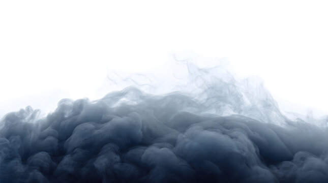 Dark navy smoke billows and rolls heavily across the frame forming a dense stormy cloud saved as a PNG with isolated transparent background