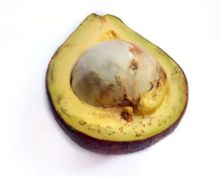 Fresh half sliced avocado with pit isolated on a clean white background.