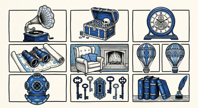 Vintage blue retro adventure object set with gramophone treasure chest keys and hot air balloon illustration