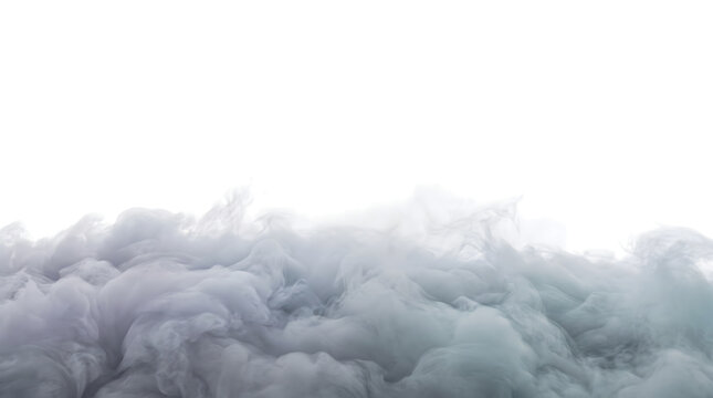 Silver gray smoke billows and rolls softly across the frame forming a dense airy cloud saved as a PNG with isolated transparent background