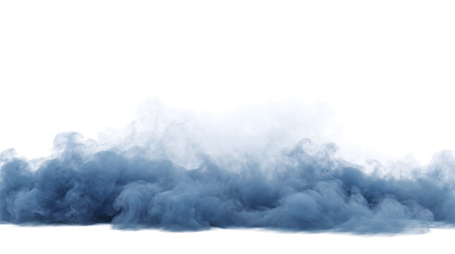 Slate blue smoke cloud billows and rolls heavily across the frame forming a dense grounded formation saved as a PNG with isolated transparent background