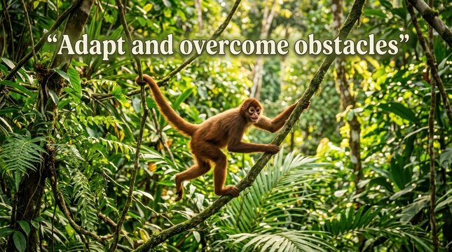 Spider Monkey Climbing in Tropical Rainforest with Inspirational Quote Adapt and Overcome Obstacles