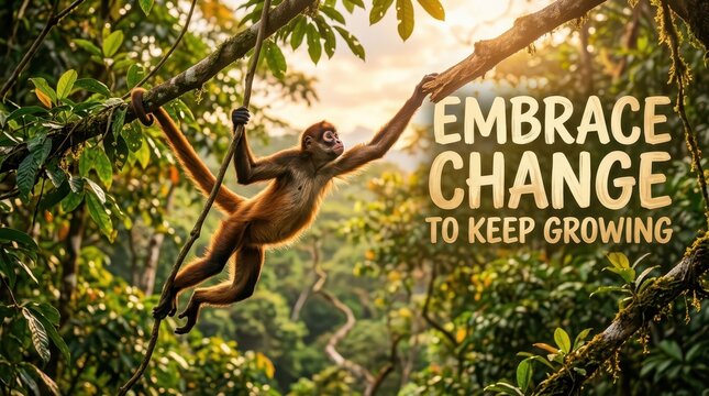 Spider Monkey Swinging in Tropical Rainforest with Inspirational Embrace Change Text Quote