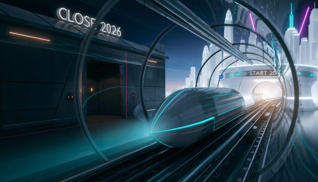 Futuristic train speeding through glass tunnel from 2026 to 2027