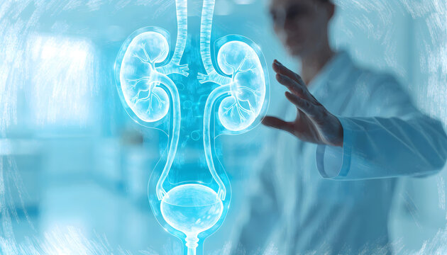 Holographic projection of human kidneys and urinary tract. Renal disease diagnosis and nephrology innovation. Scientist examining glowing digital kidney anatomy