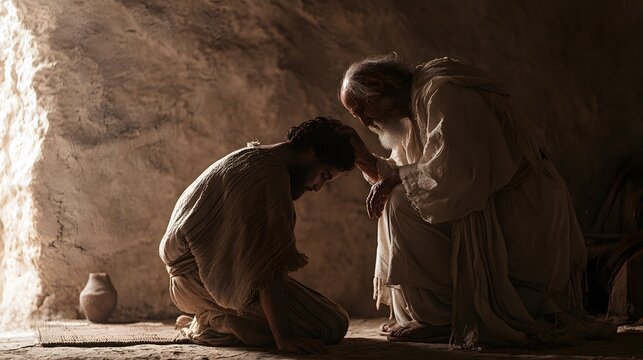 Elder man blessing a kneeling young man in a cavelike ancient setting