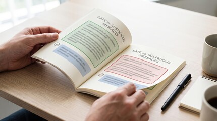 Obraz premium Small Business Phishing Prevention concept. Person reading a booklet on safe and suspicious messages at a wooden table.