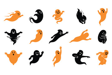 Fototapeta premium Collection of cute cartoon ghosts in black and orange colors for halloween celebration and party design elements