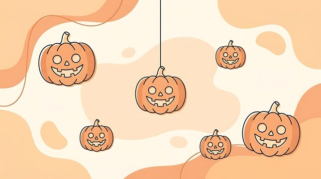 Cute cartoon pumpkins with happy faces hanging on a soft pastel orange abstract modern background
