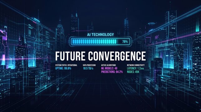 Future convergence AI technology interface, digital smart city HUD with loading bar, neon cyber data visualization background